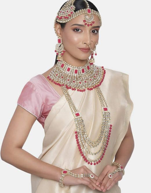 Ethnic Indian Traditional Gold Plated Kundan Dulhan Bridal Jewellery Set Choker Earrings Maang Tikka Hathphool for Women Girls